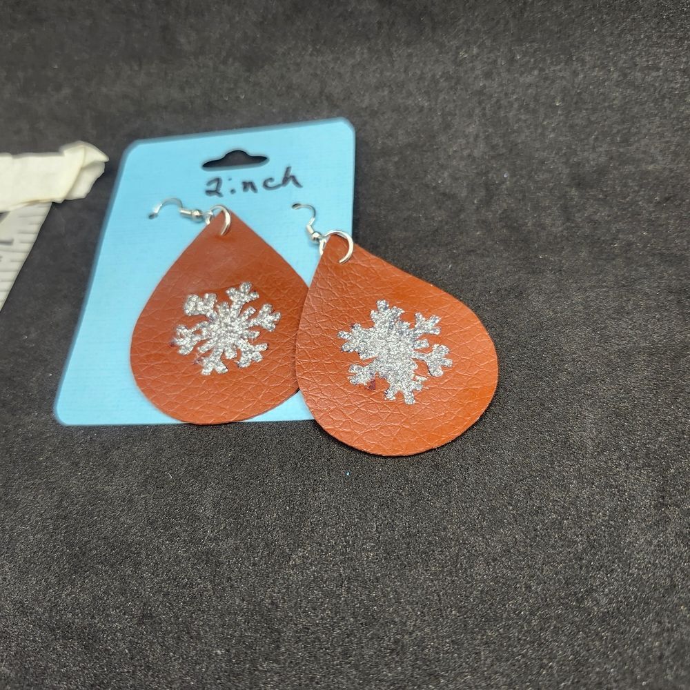 Hand Crafted Dangle Earring  Faux Leather Brown Teardrop with Silver Snowflake